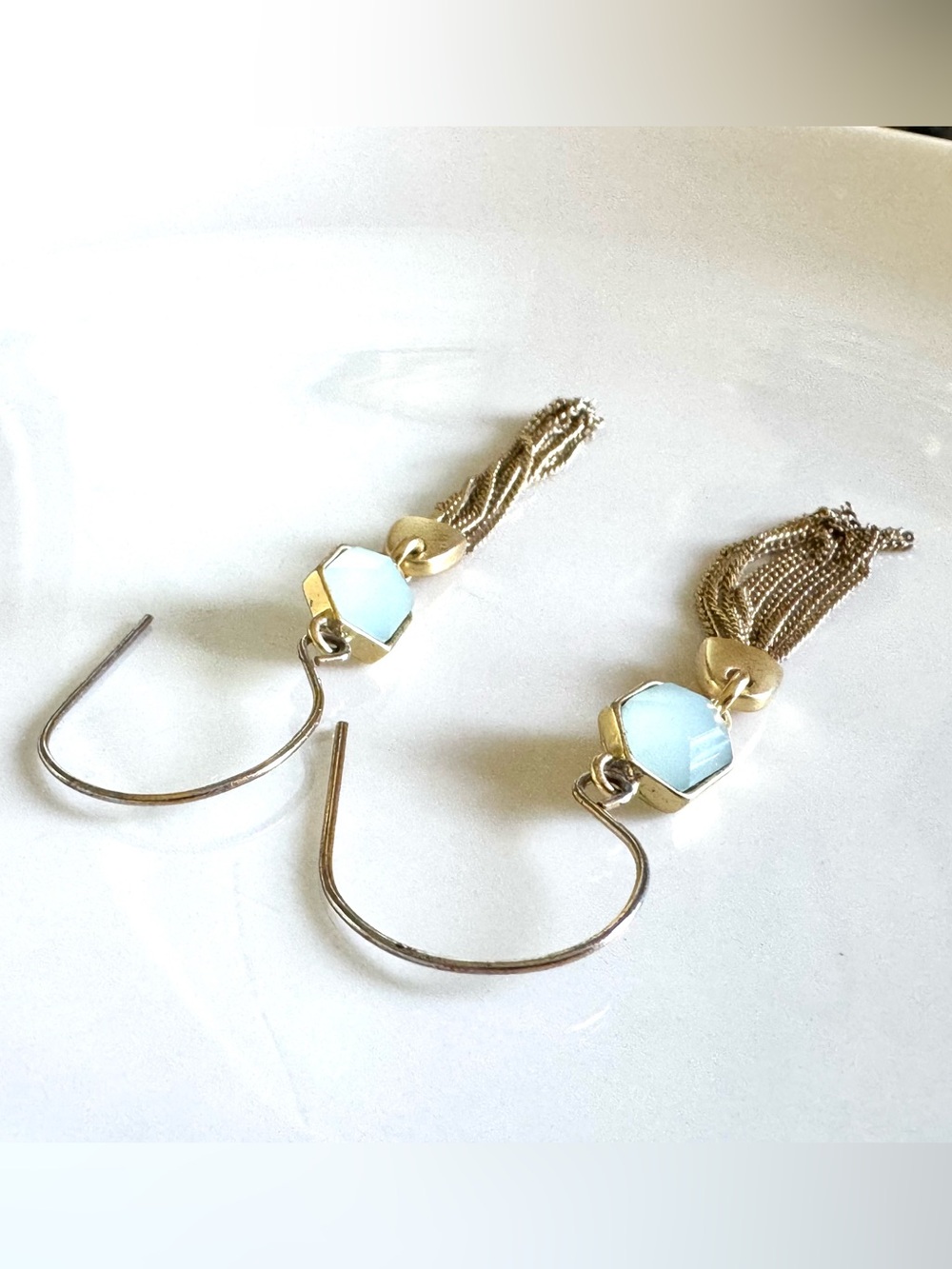 Gold Tassel Drop Earrings Chalcedony with Light Blue Hexagon Accents - Picture 5 of 8